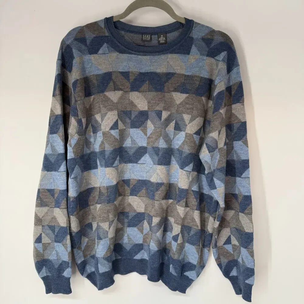 Saks Fifth Avenue Merino Wool Sweater Mens M Blue Gray Print Crew Neck Pullover